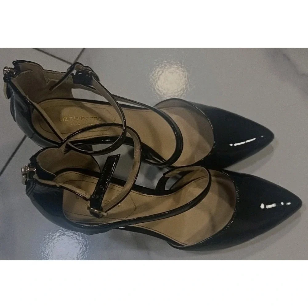 Liz Claiborne Black Strappy Pointed Toe Ankle‎ Strap Back Zip Heels Size 6 1/2